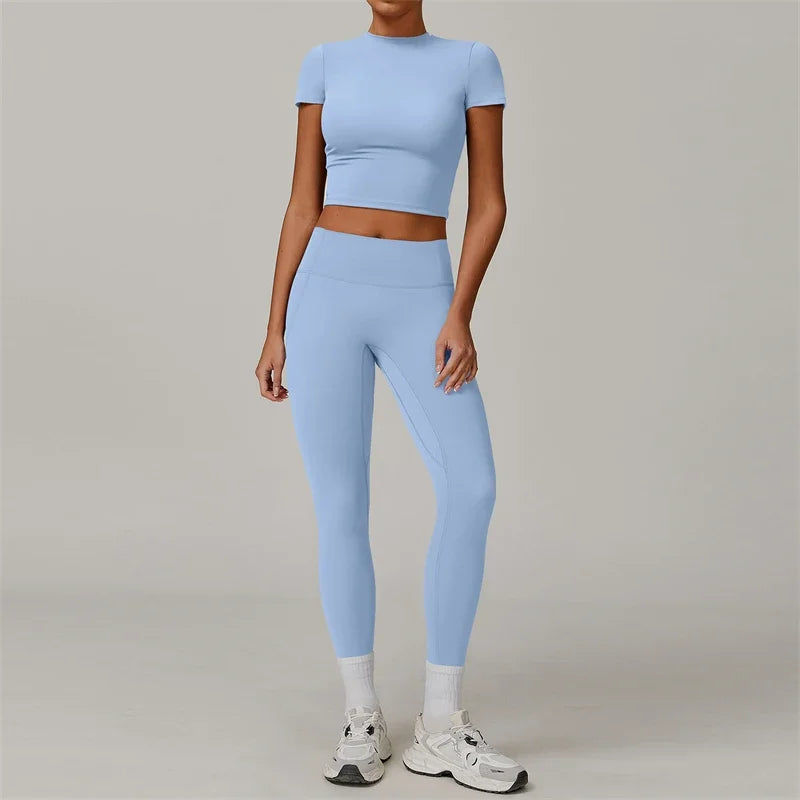 7DAY'S - 2 Pieces Women Yoga Set Workout Sportswear Gym Clothing Fitness Short Sleeve Crop Top High Waist Leggings Sport Suits