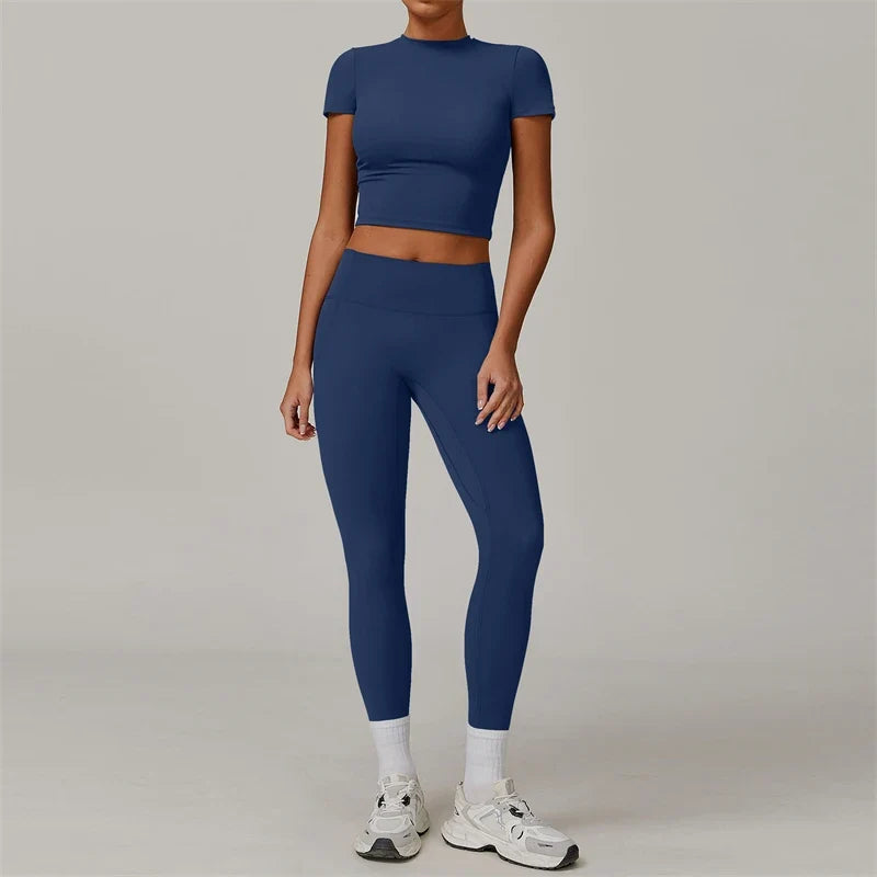 7DAY'S - 2 Pieces Women Yoga Set Workout Sportswear Gym Clothing Fitness Short Sleeve Crop Top High Waist Leggings Sport Suits