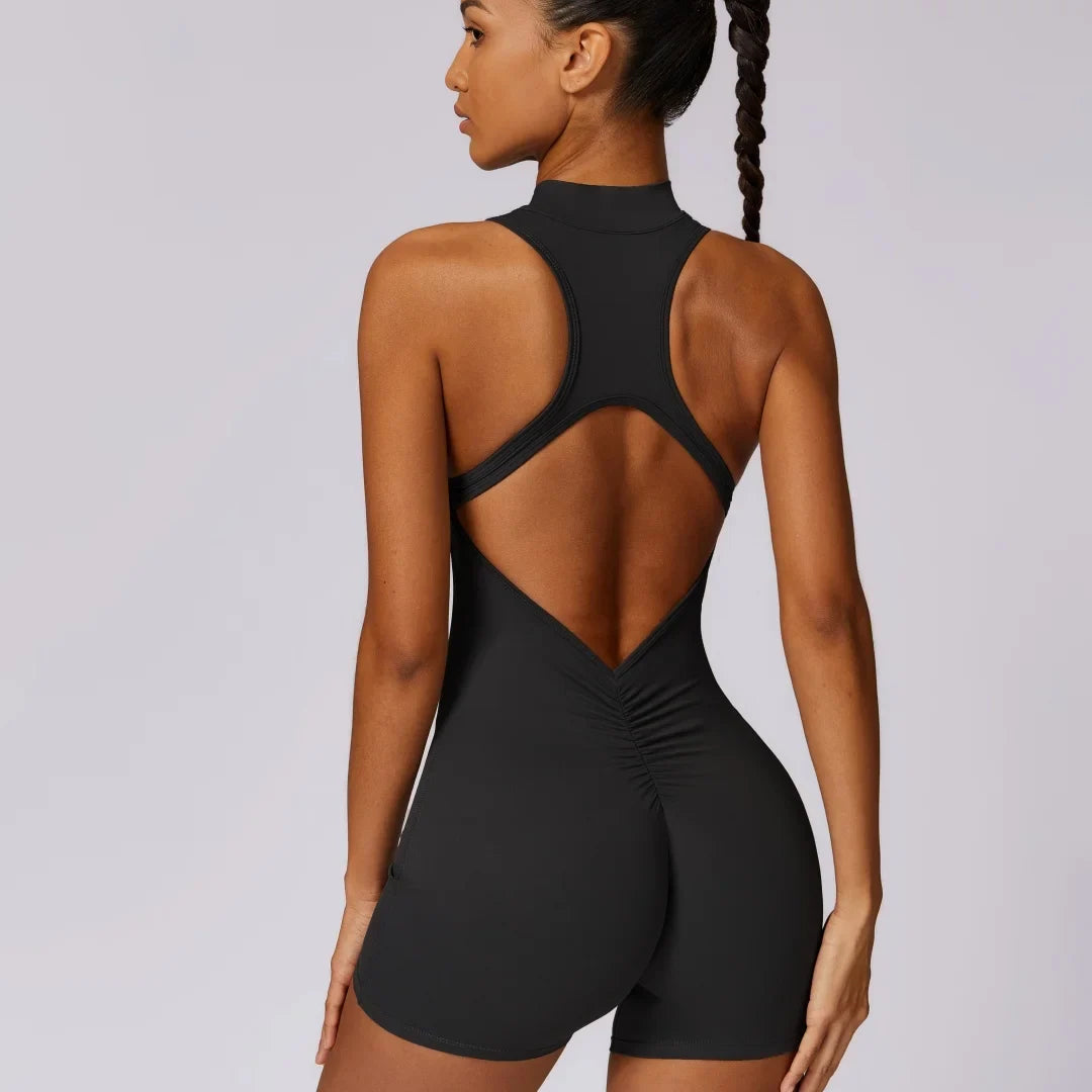 Solid Scrunch Back Waist Tight Yoga Jumpsuit Short Set Women Zipper Playsuit Gym Sportswear Fitness One Piece Sport Suit Workout