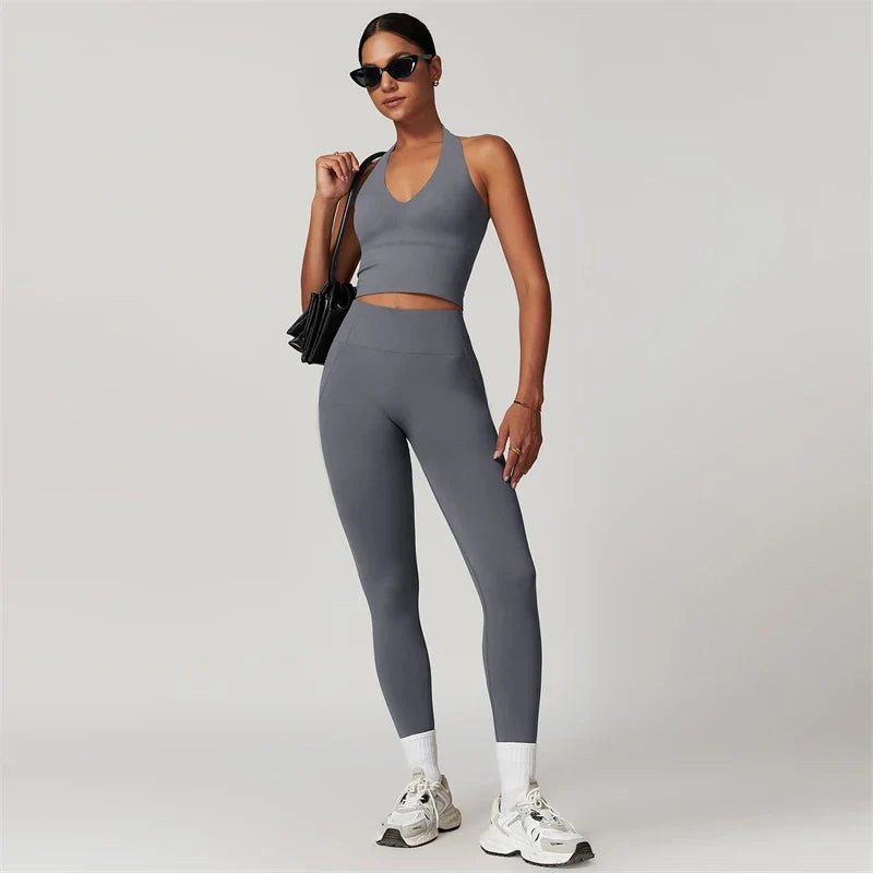 7DAY'S - 2 Pieces Women Yoga Set Workout Sportswear Gym Clothing Fitness Short Sleeve Crop Top High Waist Leggings Sport Suits
