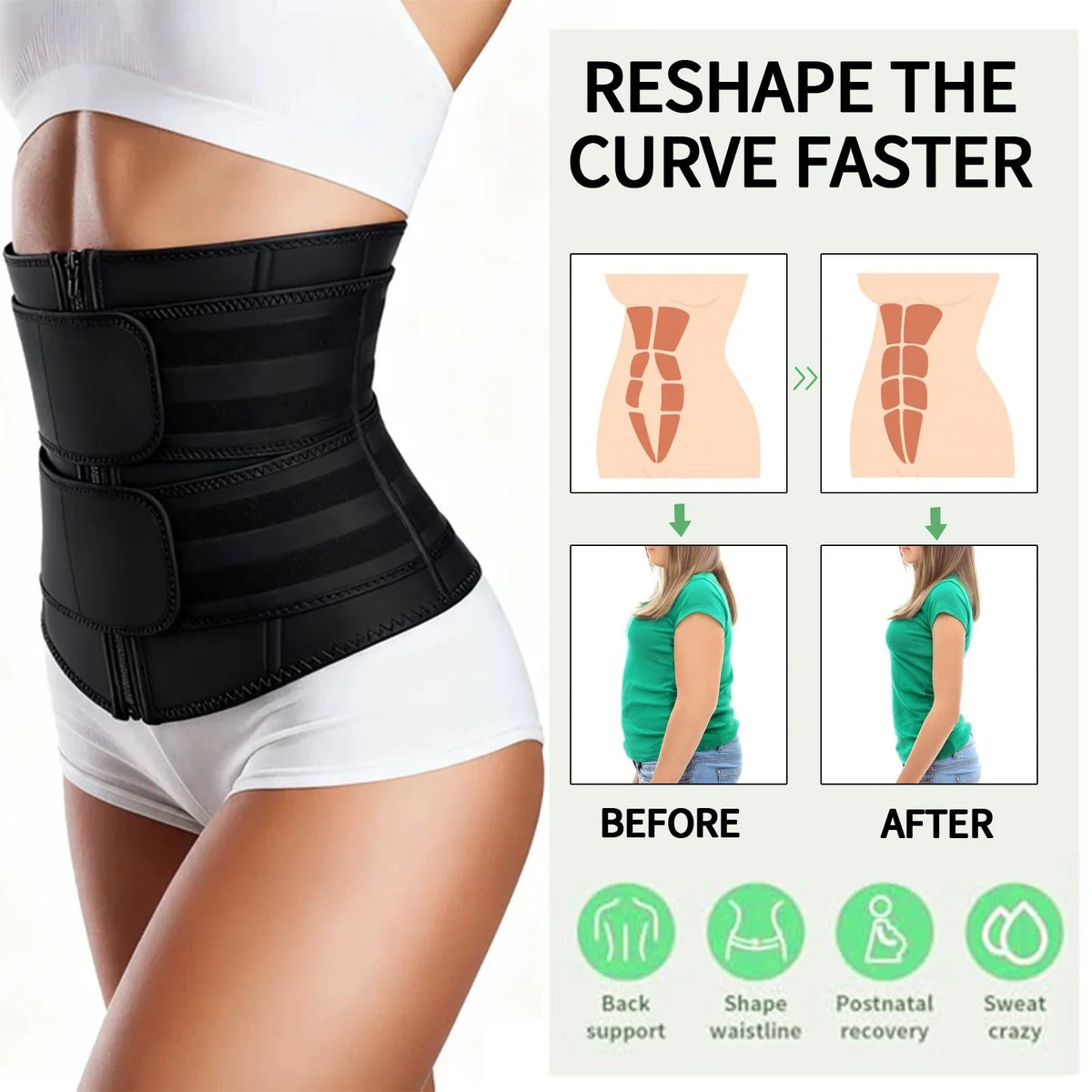 Adjustable Waist Trainer for Women, Double Belts Neoprene Corset with Zipper, Workout Cincher for Tummy Control & Back Support