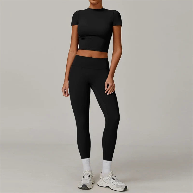 7DAY'S - 2 Pieces Women Yoga Set Workout Sportswear Gym Clothing Fitness Short Sleeve Crop Top High Waist Leggings Sport Suits