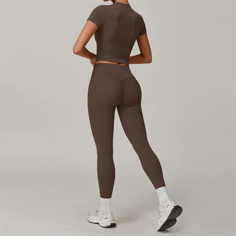 7DAY'S - 2 Pieces Women Yoga Set Workout Sportswear Gym Clothing Fitness Short Sleeve Crop Top High Waist Leggings Sport Suits