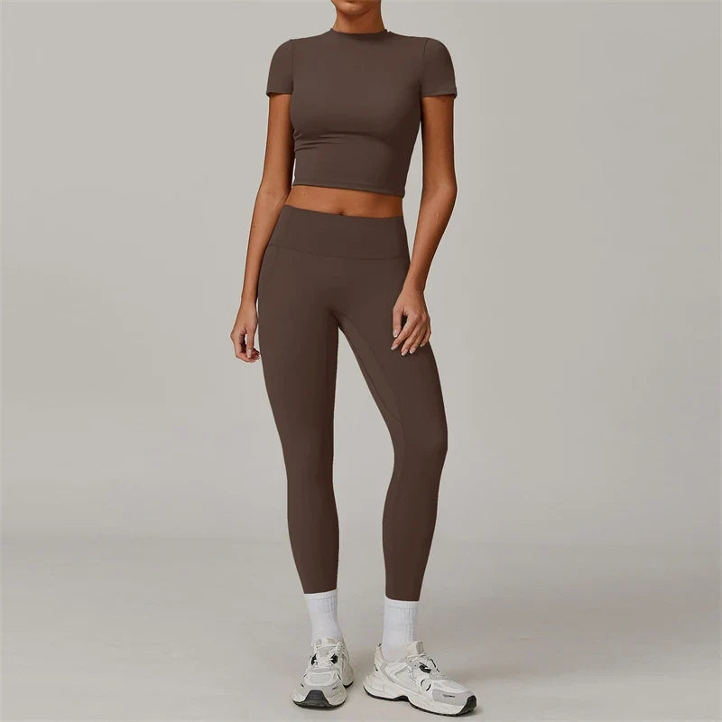 7DAY'S - 2 Pieces Women Yoga Set Workout Sportswear Gym Clothing Fitness Short Sleeve Crop Top High Waist Leggings Sport Suits