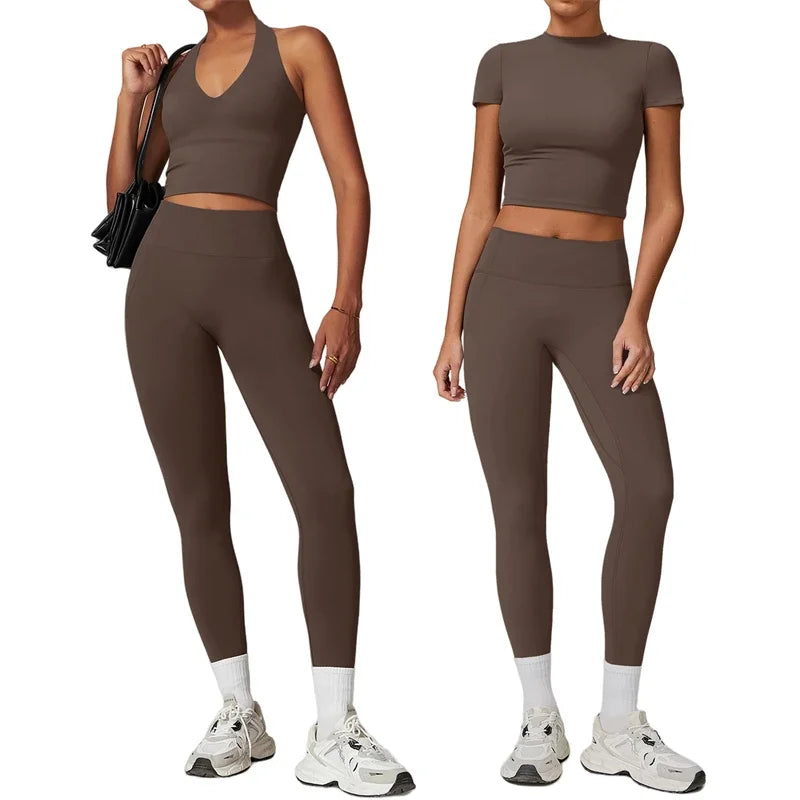 7DAY'S - 2 Pieces Women Yoga Set Workout Sportswear Gym Clothing Fitness Short Sleeve Crop Top High Waist Leggings Sport Suits