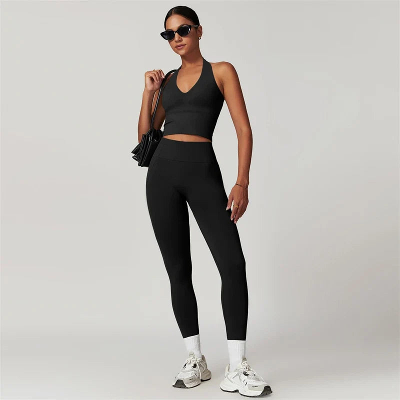 7DAY'S - 2 Pieces Women Yoga Set Workout Sportswear Gym Clothing Fitness Short Sleeve Crop Top High Waist Leggings Sport Suits