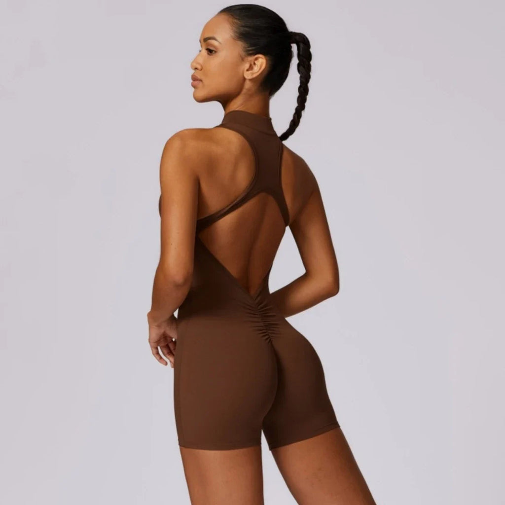 Solid Scrunch Back Waist Tight Yoga Jumpsuit Short Set Women Zipper Playsuit Gym Sportswear Fitness One Piece Sport Suit Workout