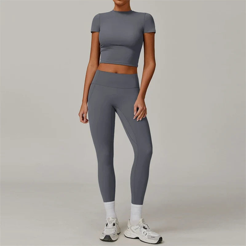 7DAY'S - 2 Pieces Women Yoga Set Workout Sportswear Gym Clothing Fitness Short Sleeve Crop Top High Waist Leggings Sport Suits