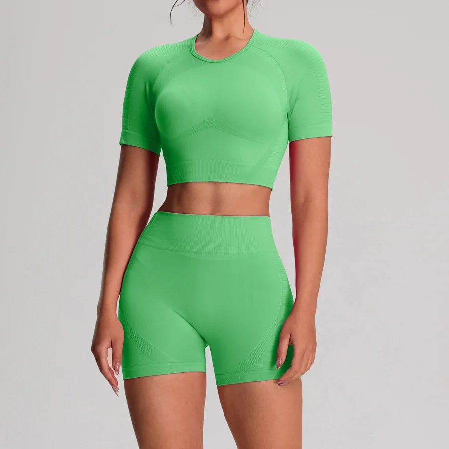 2pcs/sets Yoga Sport T-shirts Shorts Set Sportswear Woman Gym Seamless Workout Vest Shorts Leggings Activewear Women's Tracksuit