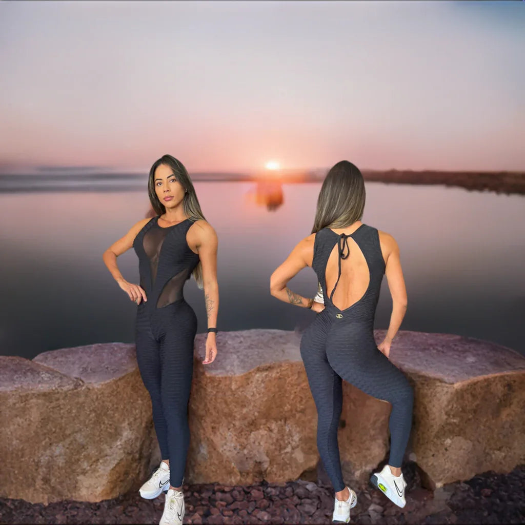 Scrunch Booty Black Wave and Mesh Sexy Jumpsuit