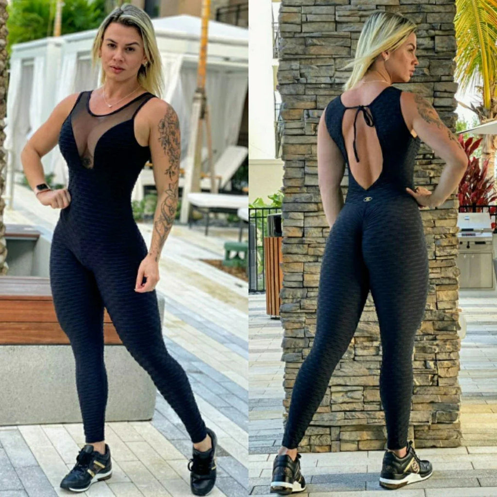 Scrunch Booty Cleavage Black Texture Wave Jumpsuit