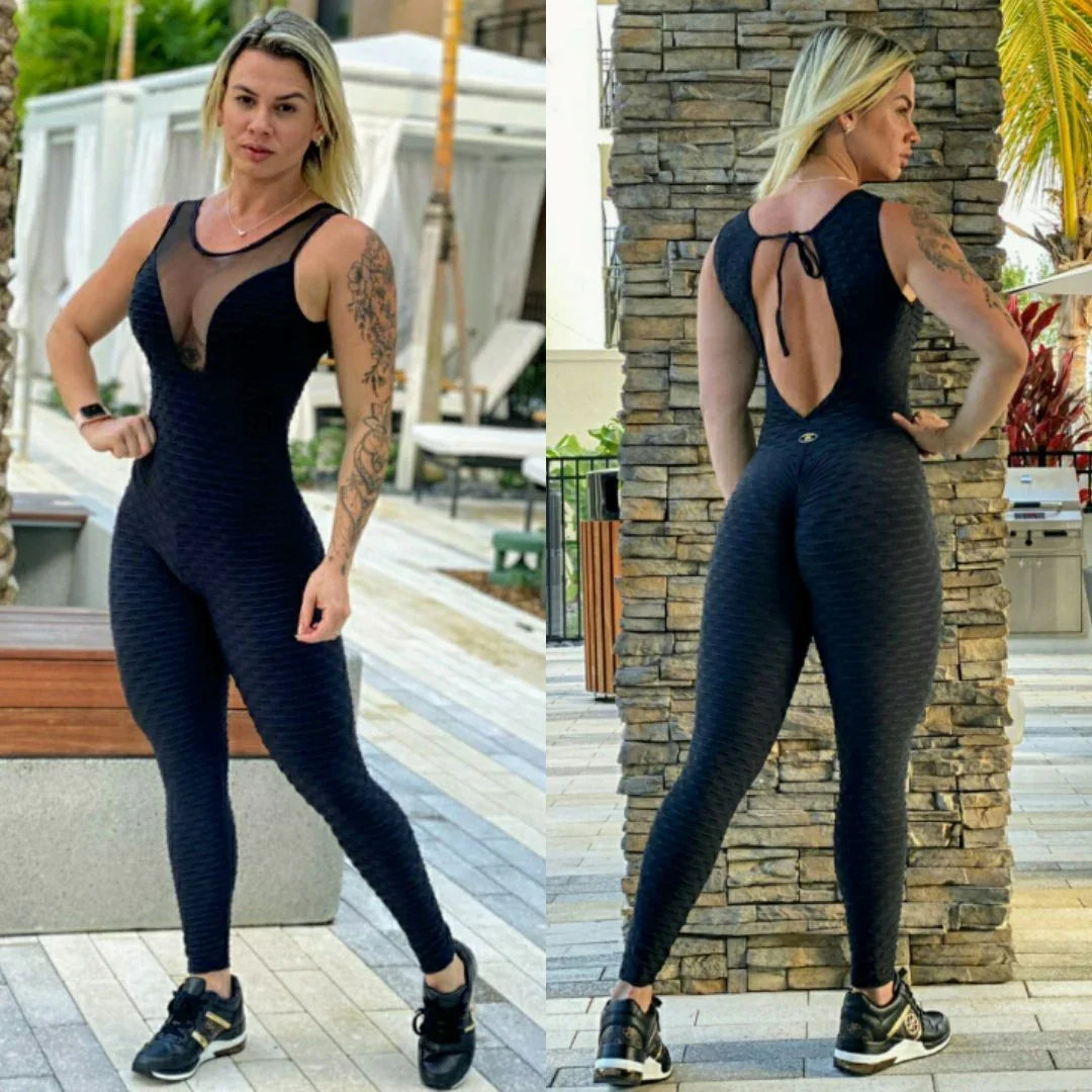 Scrunch Booty Cleavage Black Texture Wave Jumpsuit