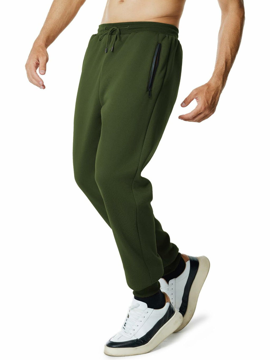 Menoio Mens Fleece Jogger Sweatpants Zipper Pockets Drawstring Green Size XL